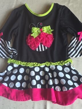 Rare Editions Black Hot Pink Lime Green Polka Dot Ladybug Dress